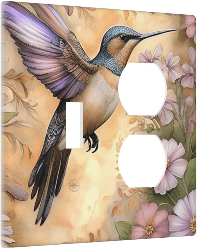 Decorative Art Light Switch Covers Blossom & Hummingbird 2 Gang Single Toggle Duplex Combination Electrical Faceplate Switchplate Wall Plate for Home Decor