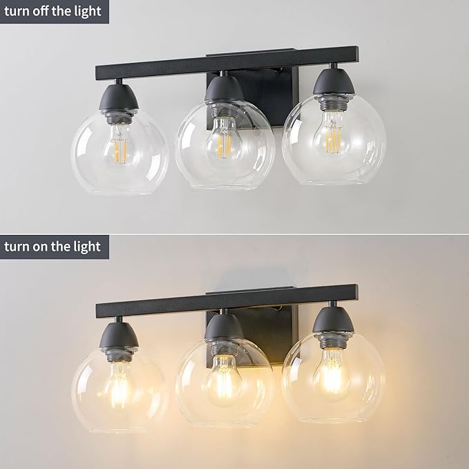 Bathroom Light Fixtures, 3-Light Matte Black Vanity Light with Hand-Blown Thick Glass Shades, Premium Clarity & Shatter-Resistant, Wall Sconces for Mirror, Kitchen, Bedroom