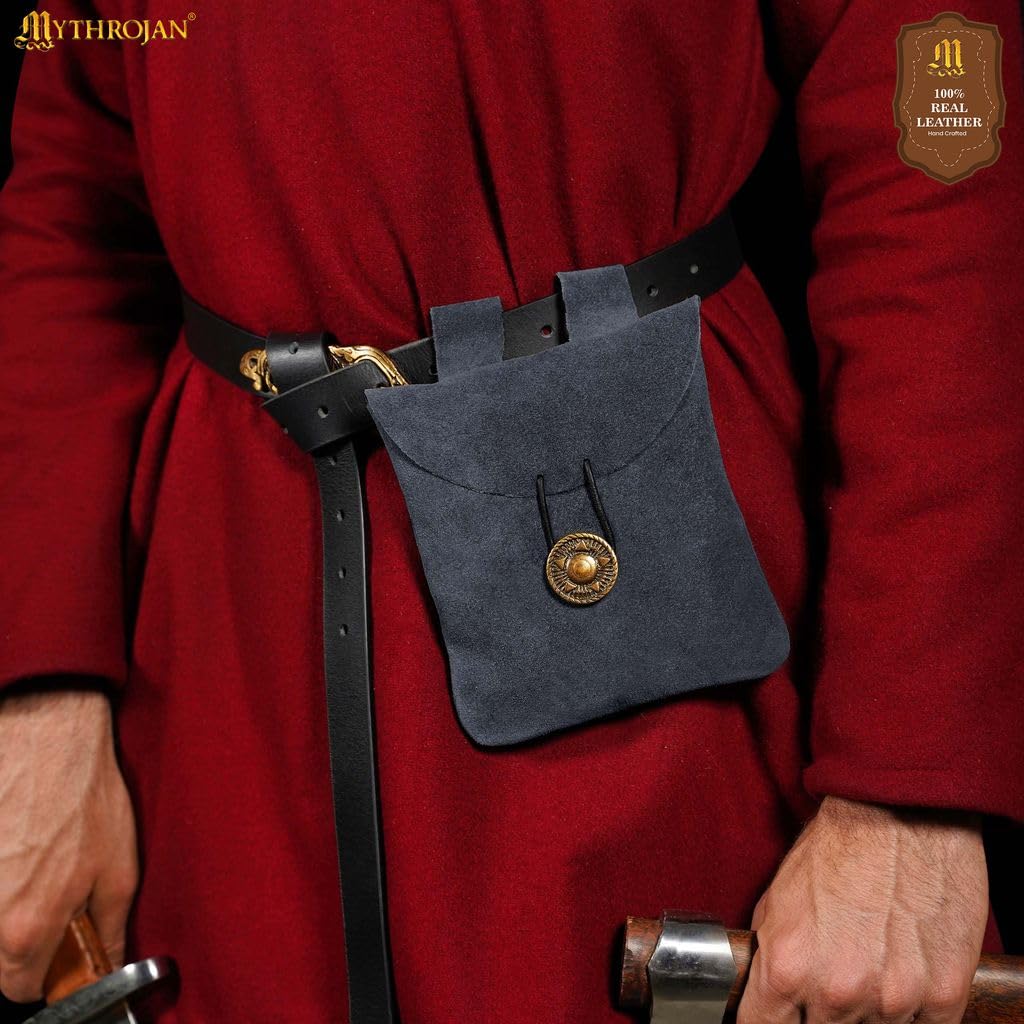 Medieval Belt Bag Renaissance Suede Jewelry Belt Pouch LARP Costume Waist Bag Cosplay Costume Accessories - Midnight Navy Blue, 5.9" x 5.7"