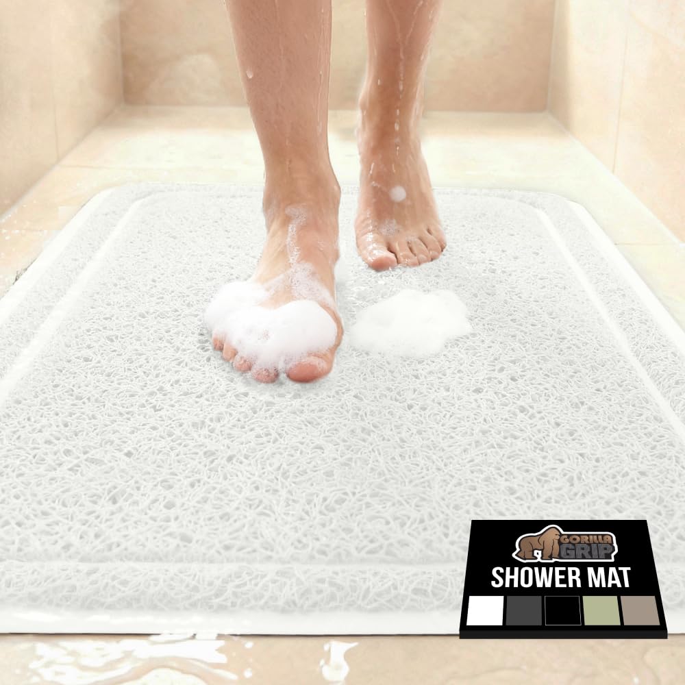 GORILLA GRIP Exfoliating Bath and Shower Mat, Textured Backing, 35x16 Soft Loofah-Style Foot Scrubber for Outside or Inside Bathtub, Quick Dry Easy Drainage Tub Floor Mats, Bathroom Essentials, White