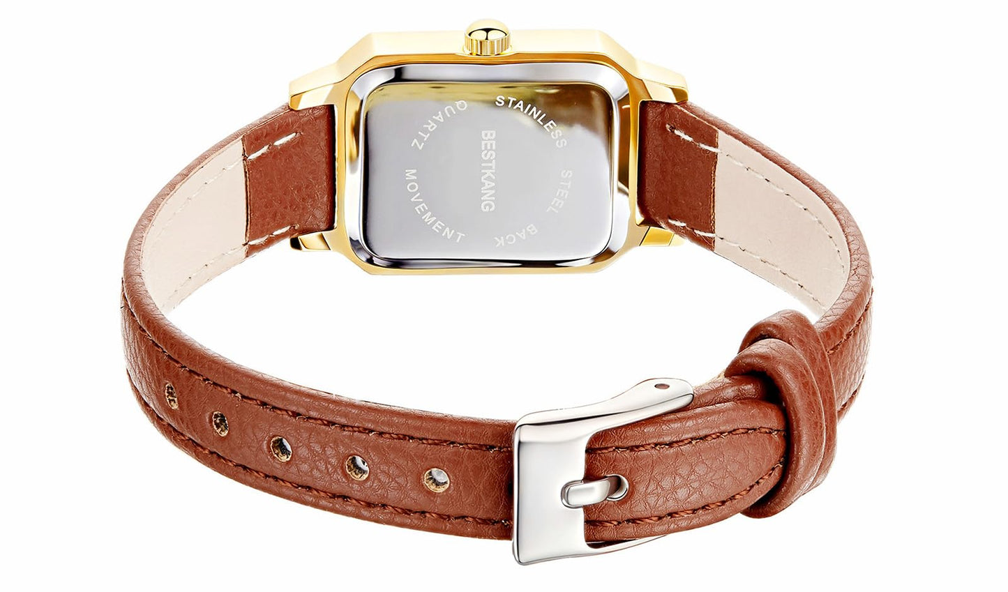 BESTKANG Leather Strap Watches for Women Elegant Dainty Ladies Watch Vintage Rectangle Women Quartz Wrist Watch (Brown Gold White)