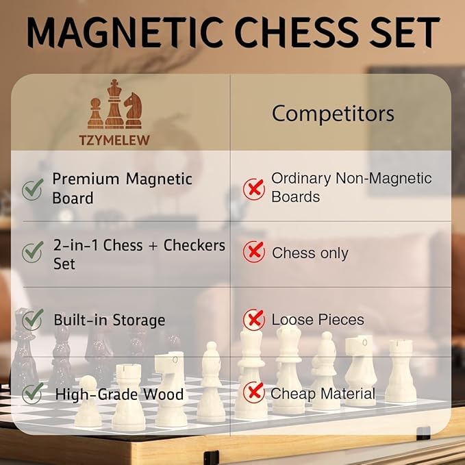 15 Inch Wooden Magnetic Chess Set with Folding Board &amp Storage – Includes Checkers Fun Strategy Game for Kids and Adults Great for Family Game Night