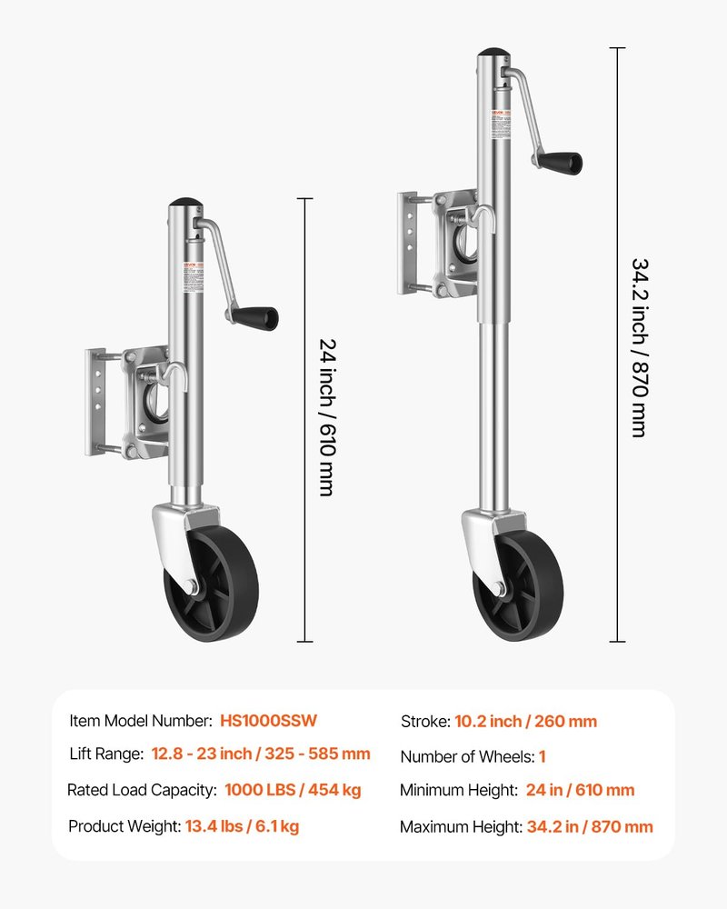 VEVOR Trailer Jack with Wheel, 1000 lbs Load Capacity, Heavy Duty Swivel Boat Trailer Jack with PP Single Wheel & Ergonomic Handle, 10-inch Lift, Fit for RVs, Boats, Horse Trailers, Utility Trailers
