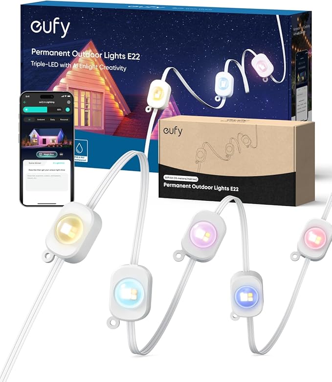 eufy Permanent Outdoor Lights E22, 150ft with 90 Triple-LED Lights, Smart RGBWW, Daily and Holiday, Up to IP67 Waterproof, AI Lighting Themes for Halloween, Christmas, Links with Cameras, White