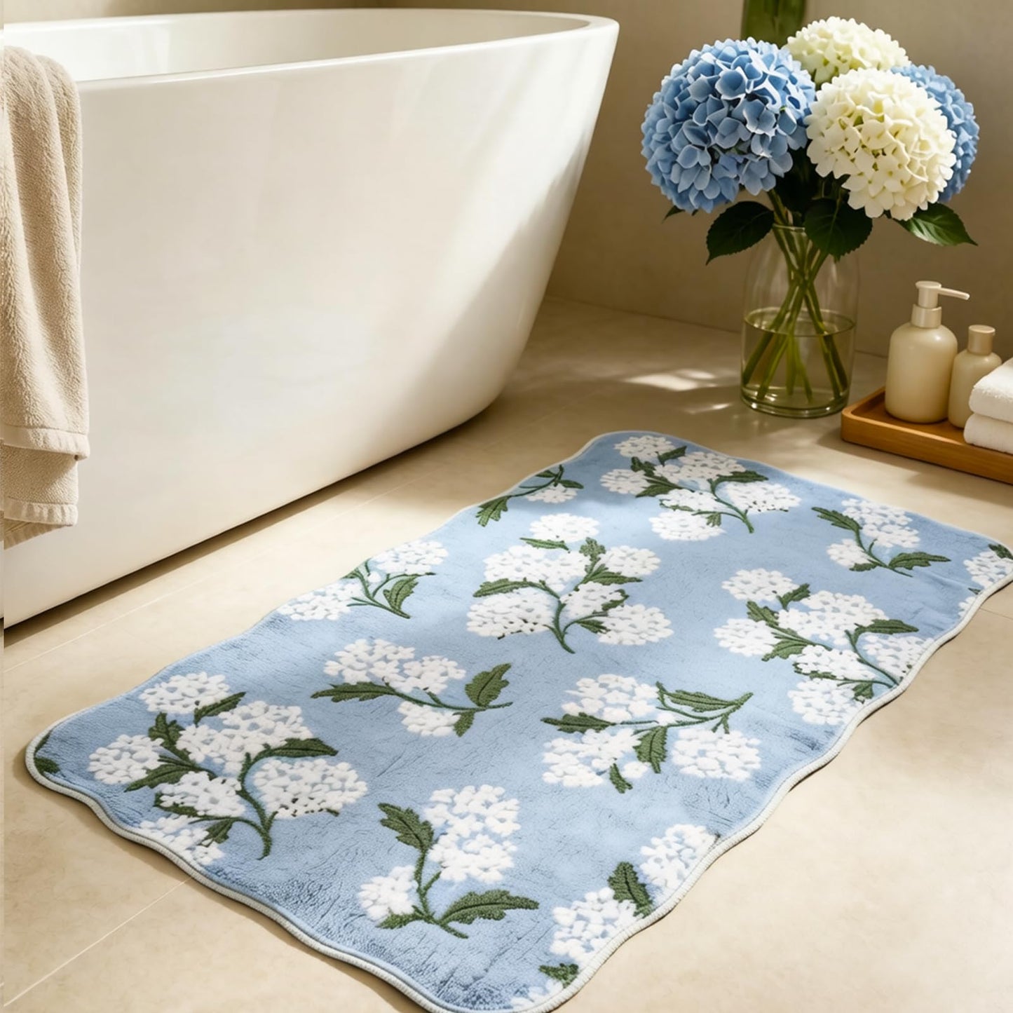 Whaline Hydrangea Rug Mat 32 x 20 Inch Blue Floral Scalloped Absorbent Bathmat Spring Flower Bathroom Rug for Home Bedroom Sink Shower Bathtub Decor