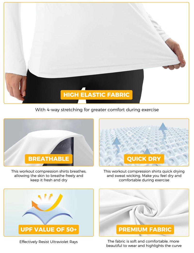 Rash Guard for Women UPF50+ Sun Shirt, Long Sleeve UV Protection Shirts Women Quick Dry Workout Shirts Hiking Swimming Tops (US, Alpha, XX-Large, Regular, Regular, White)