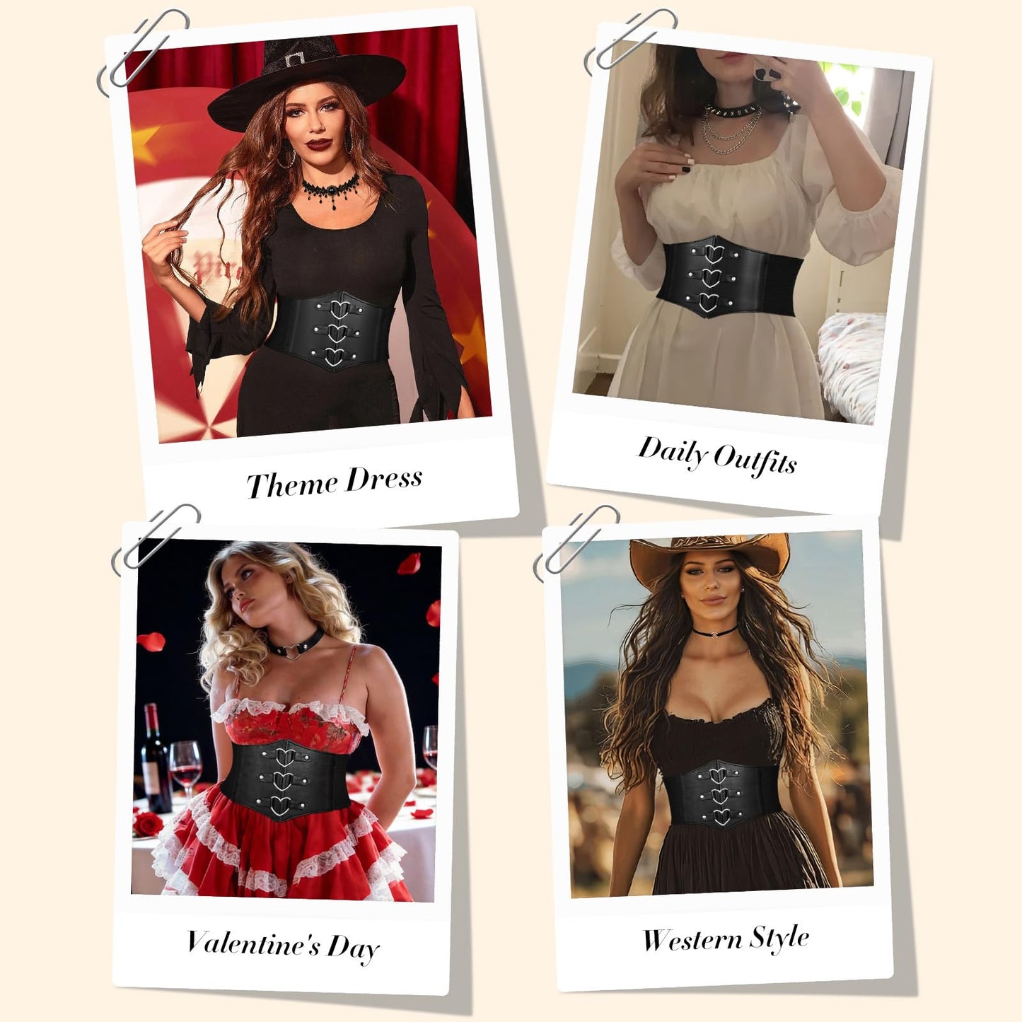 JKEEMI Women Corset Belt With Black Choker Necklace Set, Heart-Ring Wide Elastic Waist Belt Adjustable Gothic Velvet Collar Choker Party Gifts