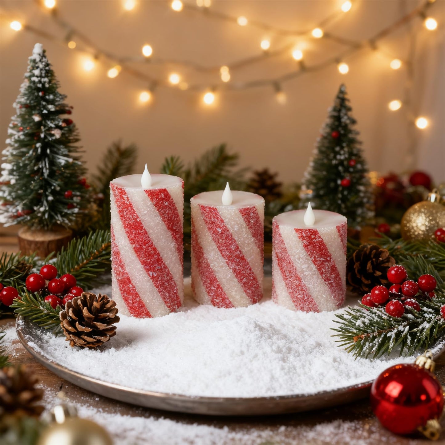 Christmas Pillar Flameless Candles Decor - Red and White Candy Cane Stripe LED Battery Operated Flickering Candles with Timer Remote Control Xmas Party Wedding Home Table Decoration
