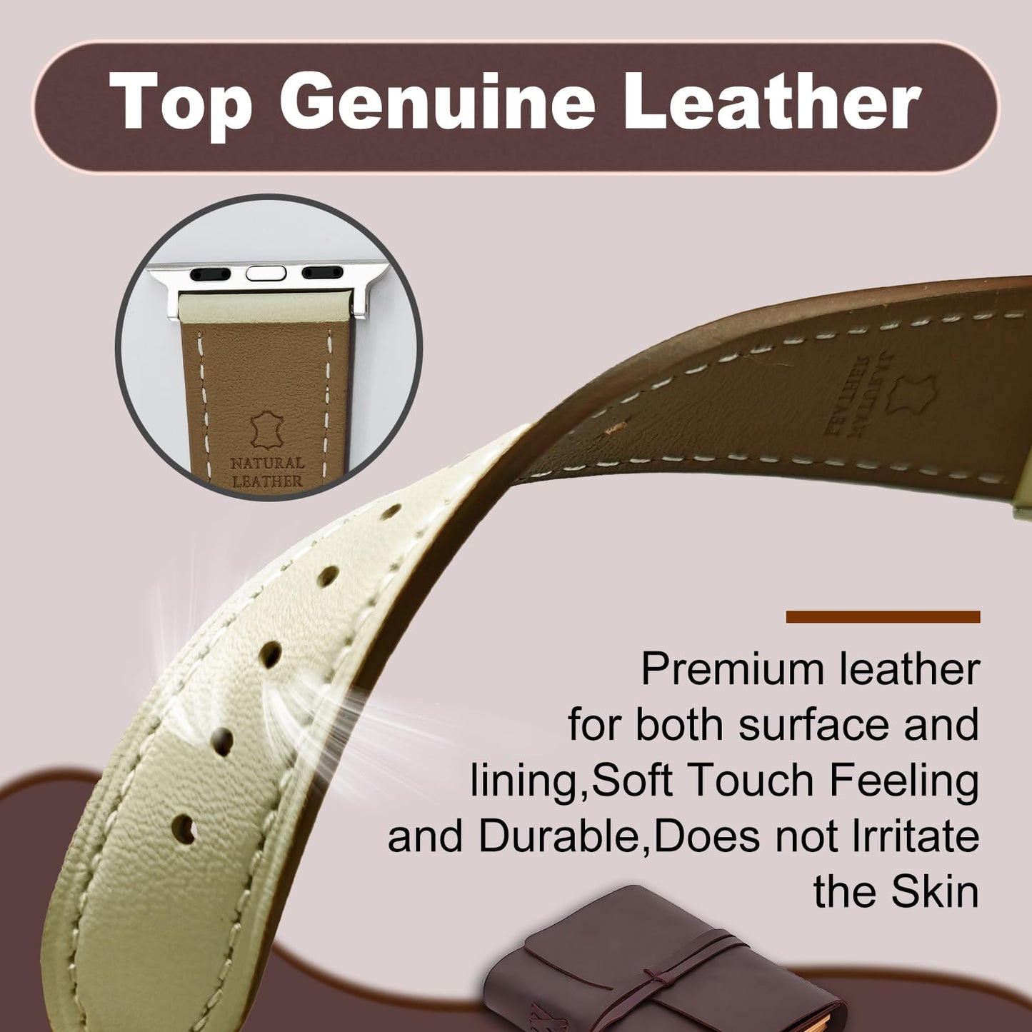 Biggyboom Genuine Leather Bands Compatible with Apple Watch Band 42mm 41mm 40mm 38mm for Women Men,Sweat Wear Resistant Leather Replacement Strap for iWatch Series 11 10 9 8 7 6 SE 5 4 3 2 1 (Beige)