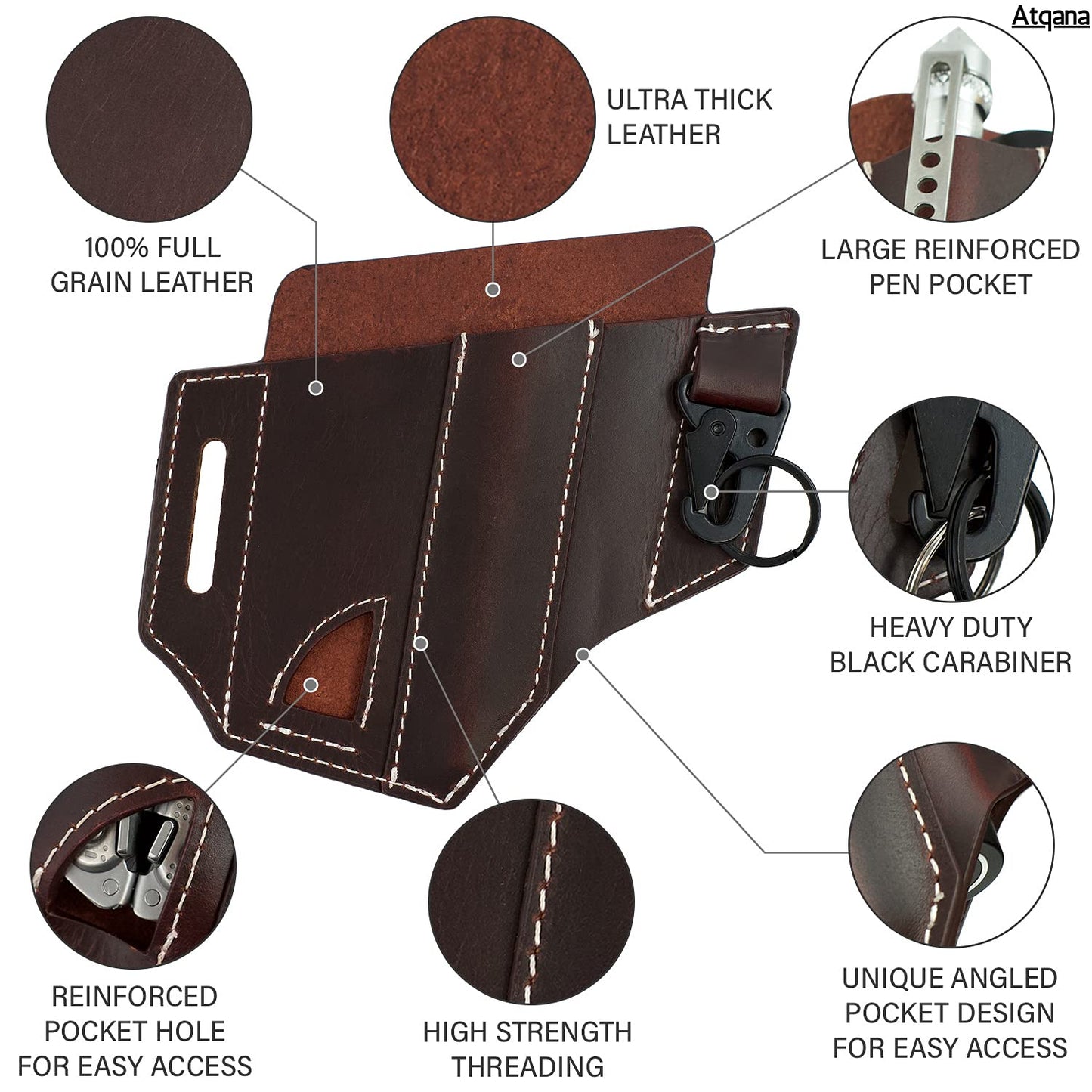 Multitool Sheath for Belt (Premium Leather) - EDC Pocket Organizer | Leatherman Holster | Handmade Leather Multitool Pouch and Pen Holder, Flashlight Sheath, Key Fob Clip by ATQANA® (Extra Dark Brown)