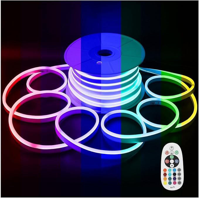FORT AC110V 120V 100FT led Strip Lights RGB Led Neon Rope Light Driverless IP66 Waterproof Outdoor 144LEDs/m Dot Free Multicolor 100ft led Lights with Remote, Easy Installation ETL FCC