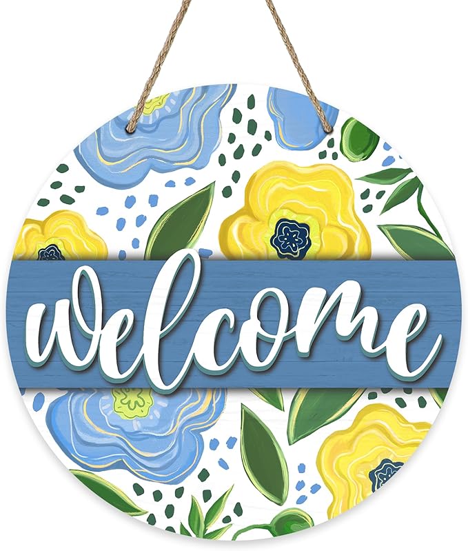 Welcome Spring Summer Flower Front Door Sign, Blue Yellow Floral Wood Door Hanger Outdoor Outside Porch Decor, Seasonal Farmhouse Wooden Wreath Indoor Wall Hanging Decoration