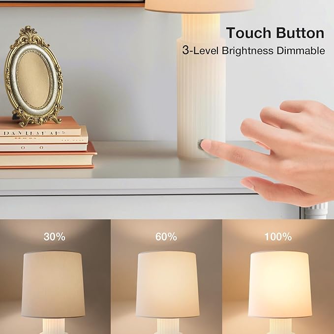Cordless Modern Resin Table lamp, Fluted Column Base, 5200-mAh Rechargeable Battery, 3-Level Brightness, Build-in Integrated LED 320 Lumen Max, for Bedside Desk Nightstand Light