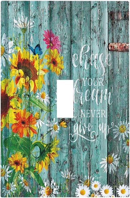 Turquoise Rustic Vintage Wood Planks Sunflower Butterfly Single Toggle Light Switch Plates Cover Decorative 1 Gang Wall Plate Electrica Faceplate for Farmhouse Bathroom Bedroom Decor