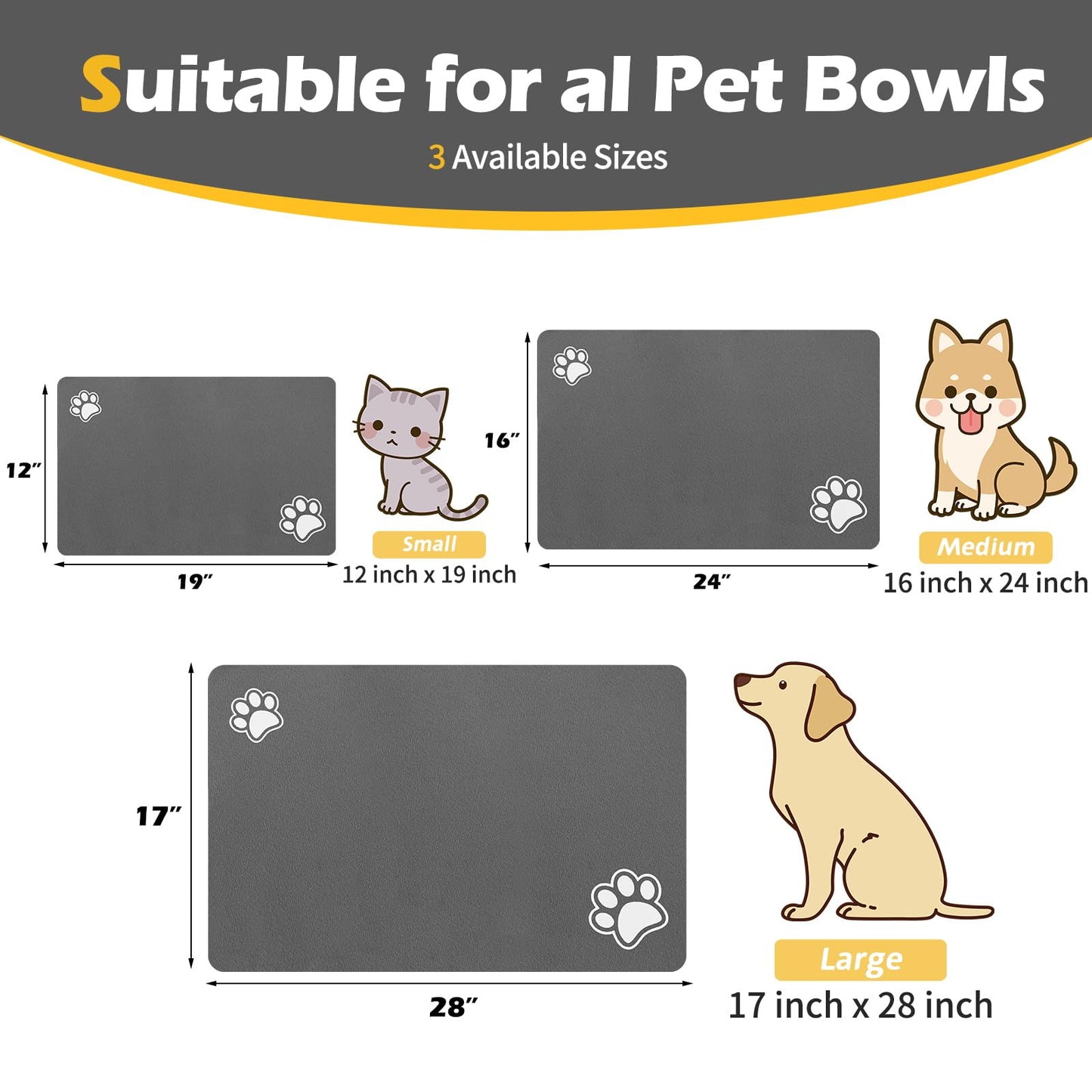 Pet Feeding Mat-Absorbent Dog Mat for Food and Water Bowl-Accessories Pet Supplies-Bowl for Messy Drinkers-No Stains Quick Dry Dog Water Dispenser Mat (16"x24", Dark Grey)