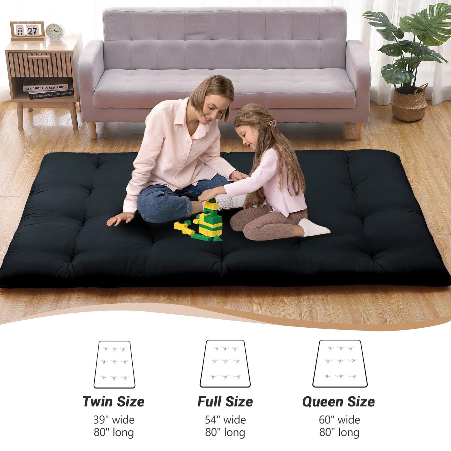 GarveeHome Japanese Floor Mattress, Futon Mattress Full Size 54 in x 80 in, Roll Up Mattress for Floor Tatami Mat, Sleeping Mat Camping Mattress Pad for Dormitory Guest Room, Black