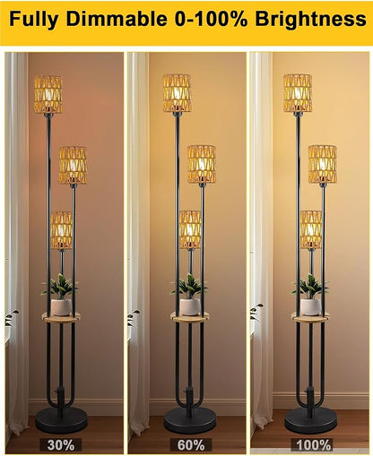 Lightdot Dimmable Boho Floor Lamps for Living Room, 3-Lights Rattan Floor Lamp with Shelves, 3000K Warmwhite Candle Holder Style Farmhouse Floor Lamp, Rustic Black Standing Lamp with Bulbs Included