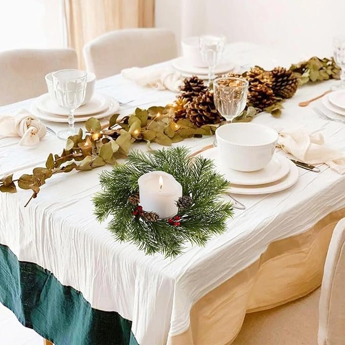 4 Pcs 9'' Christmas Candle Rings Wreaths, Artificial Small Wreath with Red Berry Pinecone for Table top Centerpiece Candle Holder