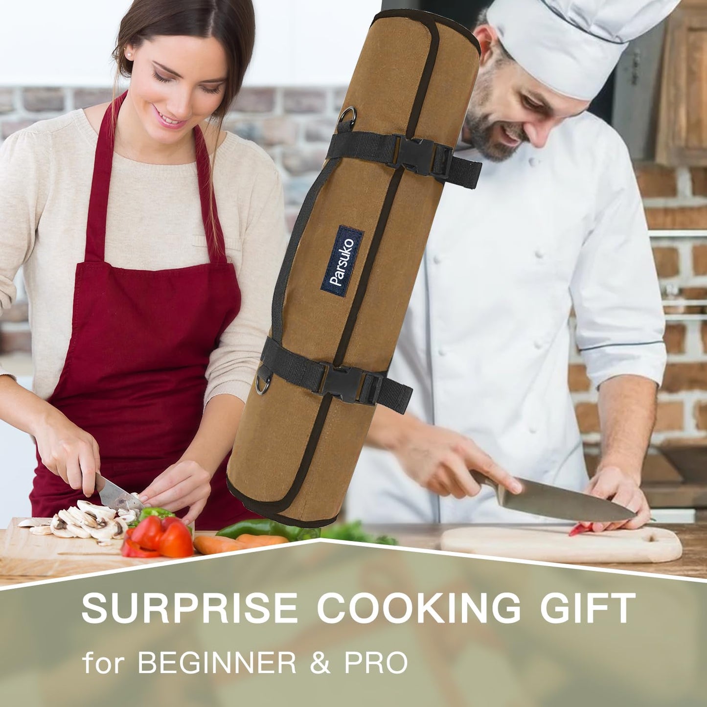 Chef Knife Roll Bag,Waterproof Waxed Canvas Knife Case Holds,Knives Roll Bags for Chefs Professional with Adjustable Strap,Chef Backpack (Brown)