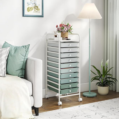 Giantex 10-Drawer Rolling Storage Cart w/Wheels, Handle, Removable Drawers, Mobile Organizer Storage Unit, Trolley Utility Cart for Home Kitchen Living Room Office Play Room, Green Gradient