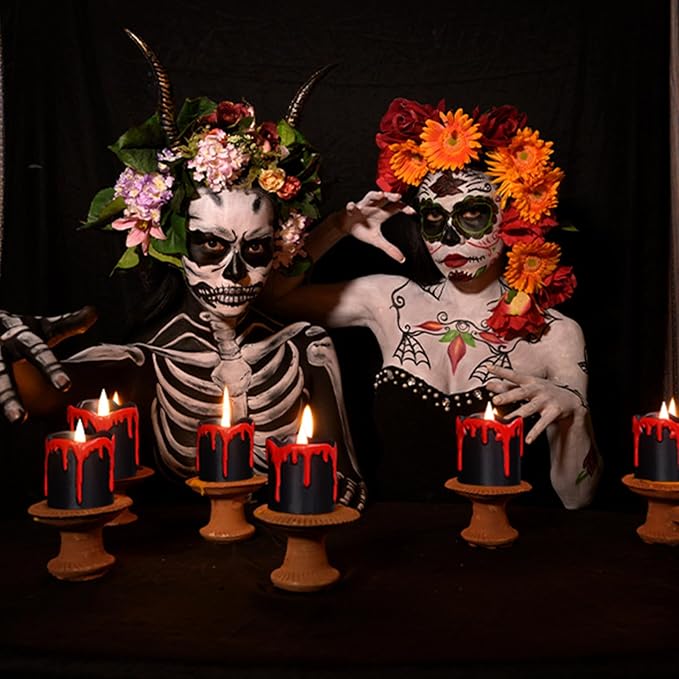 Halloween Flameless Votive Candles with 6H Timer, Black LED Candle Drip Wax, Flickering Tea Lights Candles, Battery Operated Real Wax 6 Pack Φ 2" H 2.3" for Halloween Decorations