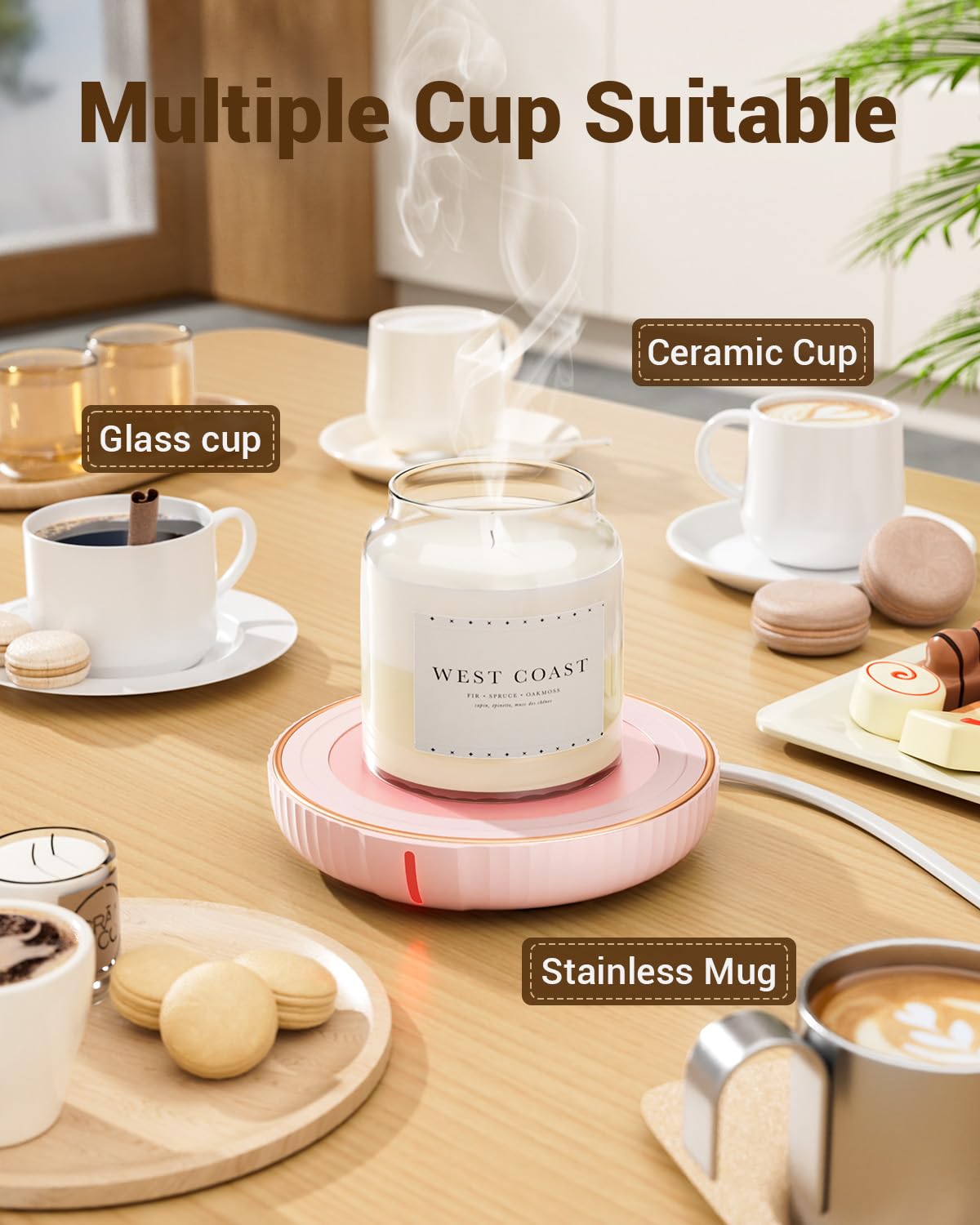 HouseGem Large Candle Warmer Plate - Coffee Cup Mug Warmer for Desk, Candle Melter, Electric Mug Heater for Beverages, Milk & Tea, Coffee Accessories Ideal Gifts Keep Cup Warm (Pink)