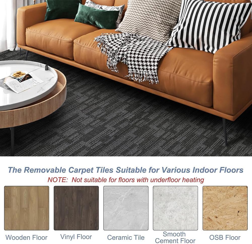 LITA Carpet Tiles Reusable 24" x 24" Squares Indoor/Outdoor 0.25" Pile Height Loop Pile, Non Slip Easy DIY Installation Peel and Stick Carpet Tile, Gray Polypropylene, (18 Tiles) (72 sqft/Box)