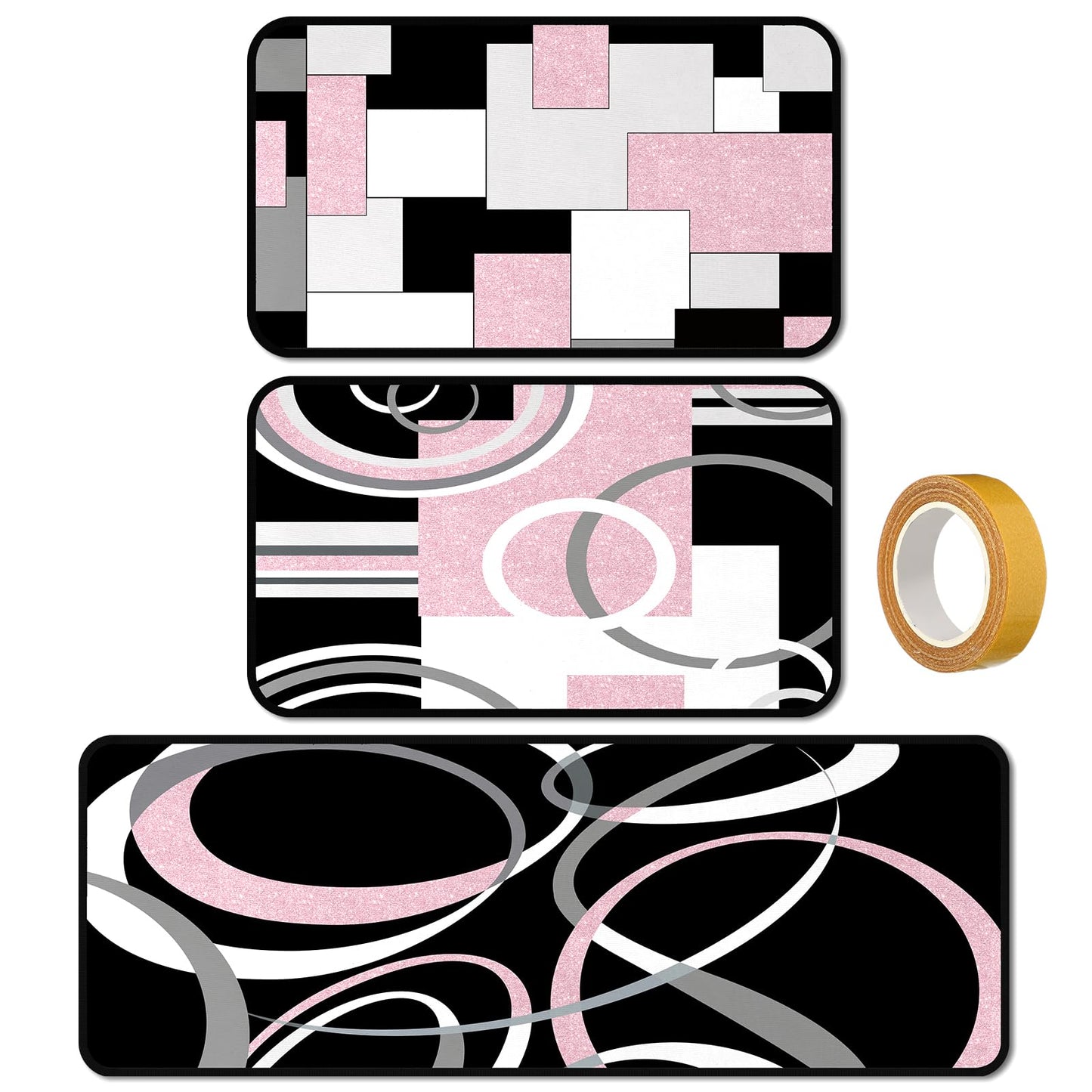 Maasechs 3 Pcs Pink Black Geometric Kitchen Rugs and Mats Set Anti Fatigue Floor Mat Non Slip Washable Modern Abstract Runner Rug Minimalist Kitchen Decor for Home Office Bathroom, 17"x30"+17"x47"