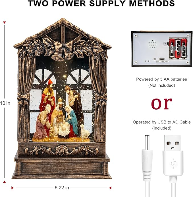 Three Kings Three Saints Window Christmas Snow Globe Swirling Glittering Nativity Figurines Manger Scene, USB Lined/Battery Operated Lighted Water Lantern for Christmas Festival Decoration Gifts