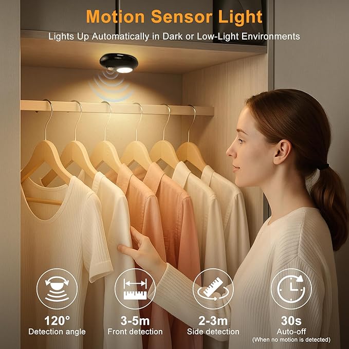 Motion Sensor Puck Lights, 3 Color Temps Dimmable LED Closet Light, Wireless USB Magnetic Cabinet Lights, Black Stick On Motion Sensor Light Indoor for Stair, Kitchen, Shelf (6 Pack)