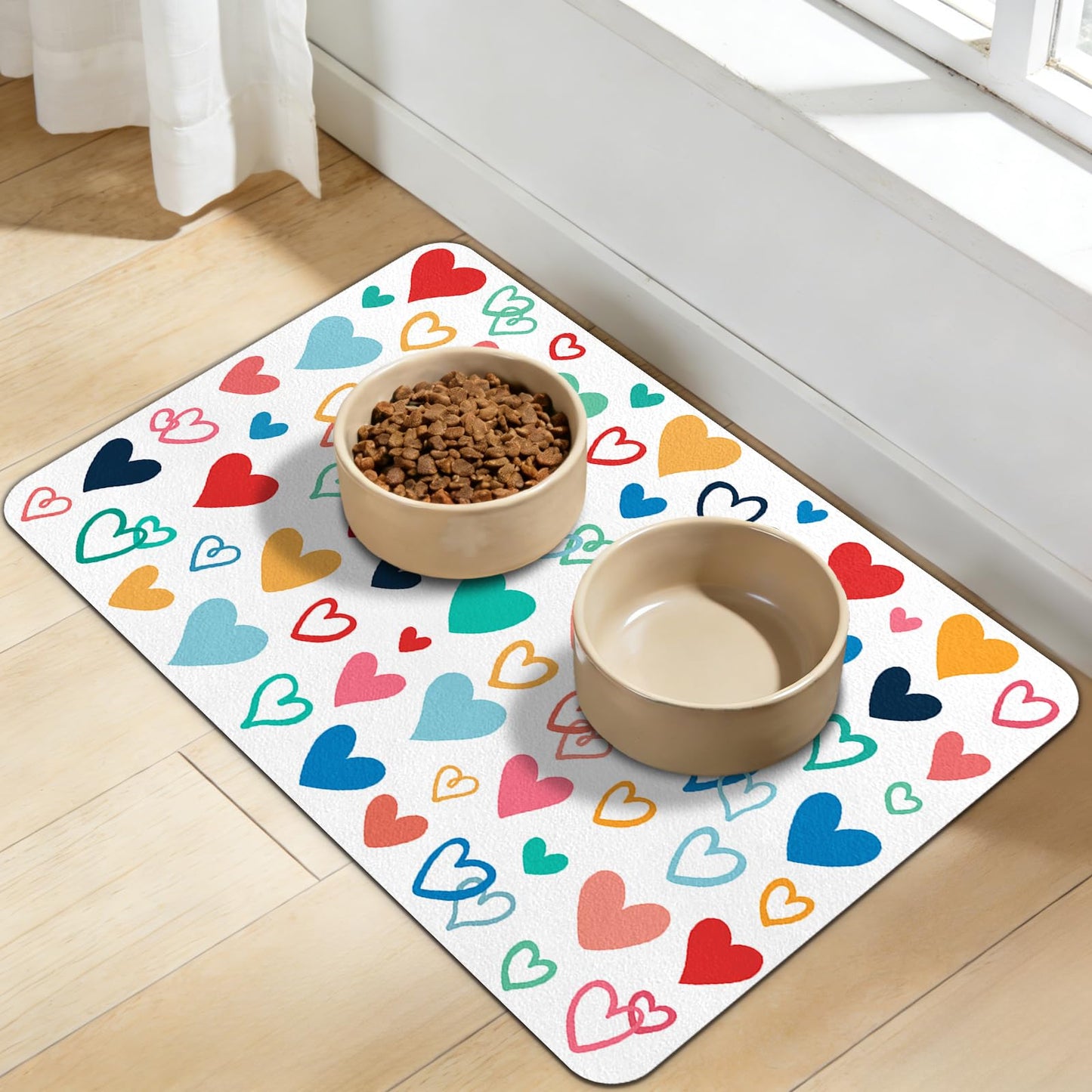 Dog Food Mat for Bowls, Absorbent Quick Dry Dog Cat Mats for Food and Water, Non-Slip Backing Pet Mat Pet Supplies - Heart Pattern