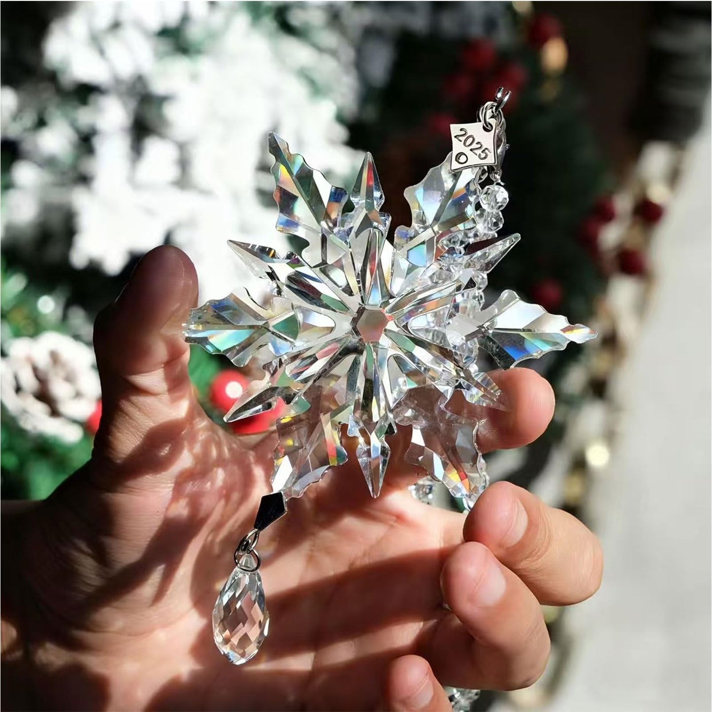 2025 Annual Christmas Ornaments Crystal Snowflake Star - Christmas Tree Ornaments Pendant Crystal Sun Catcher Home Hanging Decor(2025 White 3floors)