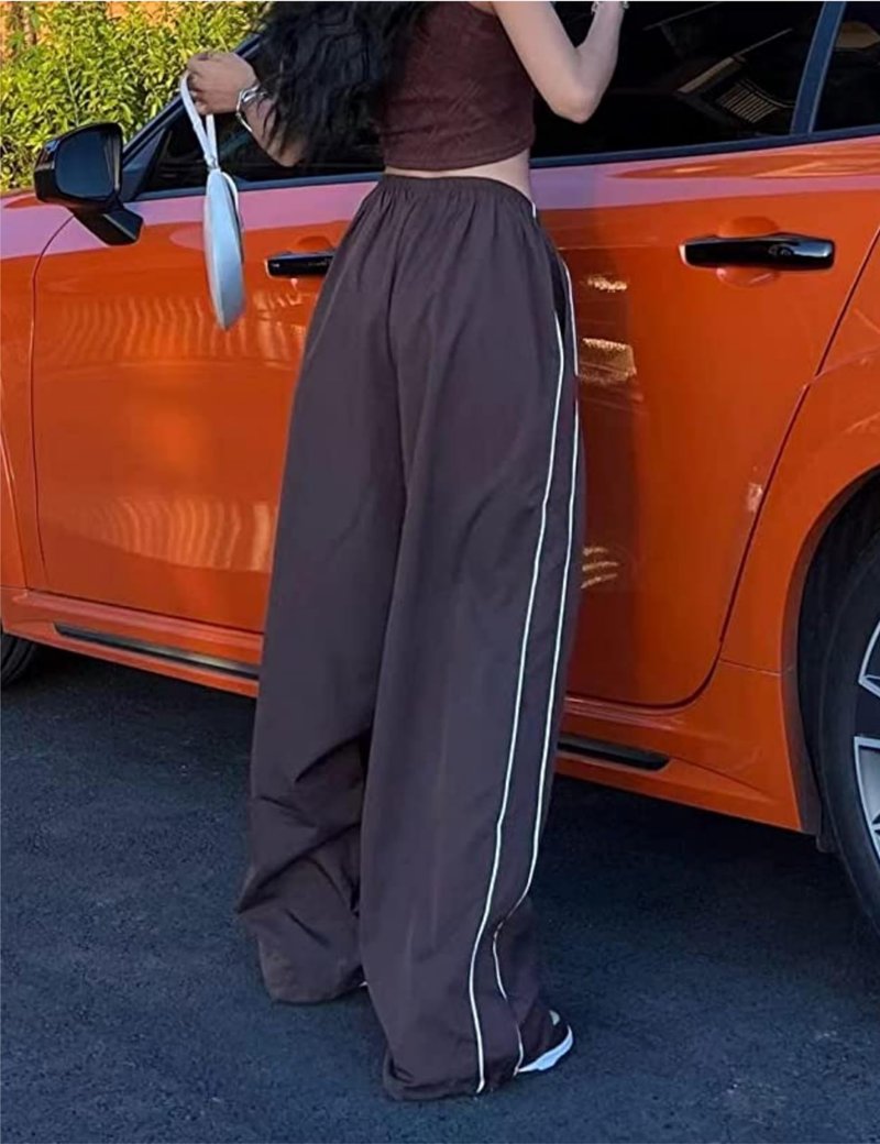 Shebote Womens Parachute Pants Wide Leg Baggy Y2K Elastic Waist Jogger Sweatpants Track Pants Streetwear(0046-Coffee-M)