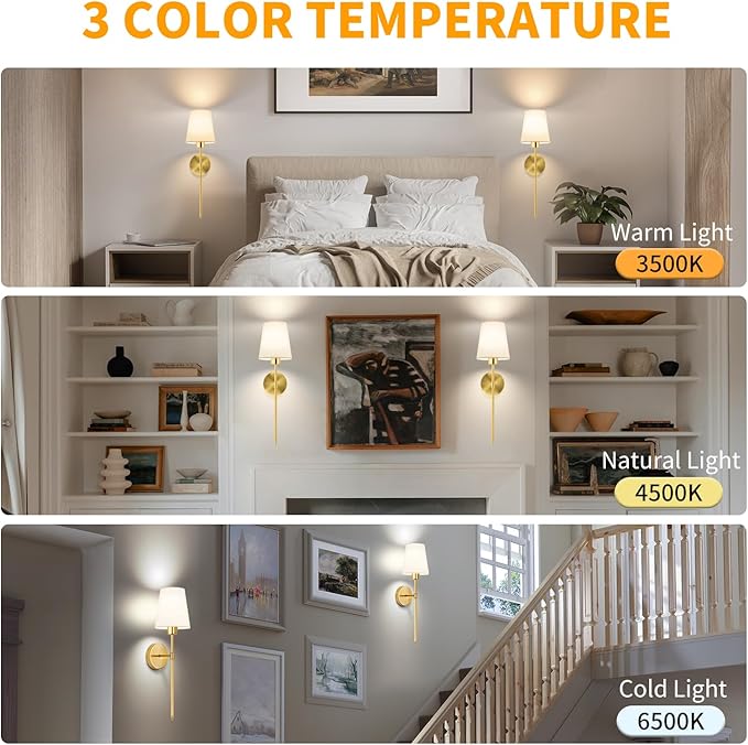 TISLYCO Battery Operated Wall Sconces Set of 2, Gold Rechargeable Wall Lamps with 2500mAh Magnet Detachable Dimmable Remote Bulbs,12 RGB Colors & 3 Color Temperatures Wireless Wall Lights for Bedroom