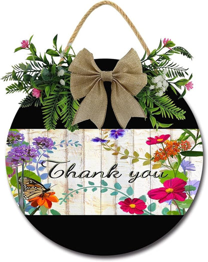 A Garden Thank You Front Door Sign Funny Wreaths Hanging Wooden Plaque Decoration Round Rustic Wood Farmhouse Porch Decor for Home Front Door Decor, 12 x 12 Inch