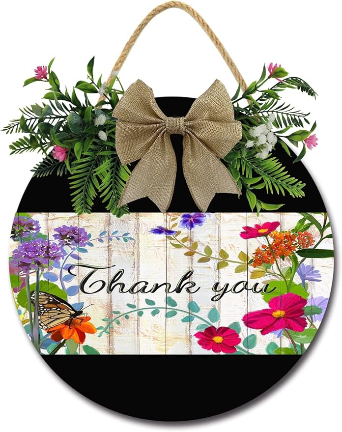 A Garden Thank You Front Door Sign Funny Wreaths Hanging Wooden Plaque Decoration Round Rustic Wood Farmhouse Porch Decor for Home Front Door Decor, 11 x 11 Inch