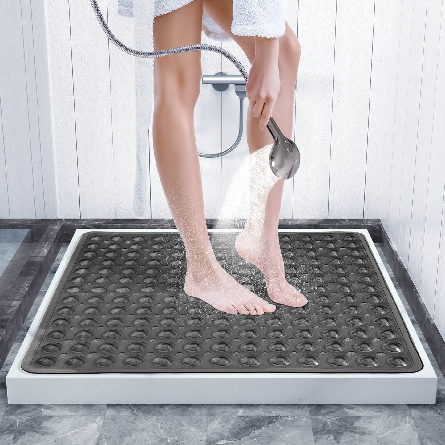Yimobra Shower Mat 21X21 Inch Square, Non Slip Bathtub Mat with Large Suction Cups&Drain Holes, Soft Fast Dry Shower Stall Mats for Inside Shower, Machine Washable BPA-Free, Bath Essentials, Black
