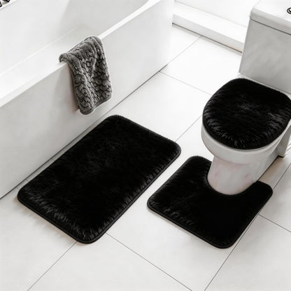 RUN HELIX Black Bathroom Rugs Sets 3 Piece Shaggy Bath Mat Non-Slip Mats Water Absorbent Bath Rug Floor Mats Soft Washable Shower Rug with U-Shaped Contour Rug Toilet Lid Cover Home Decor Accessories