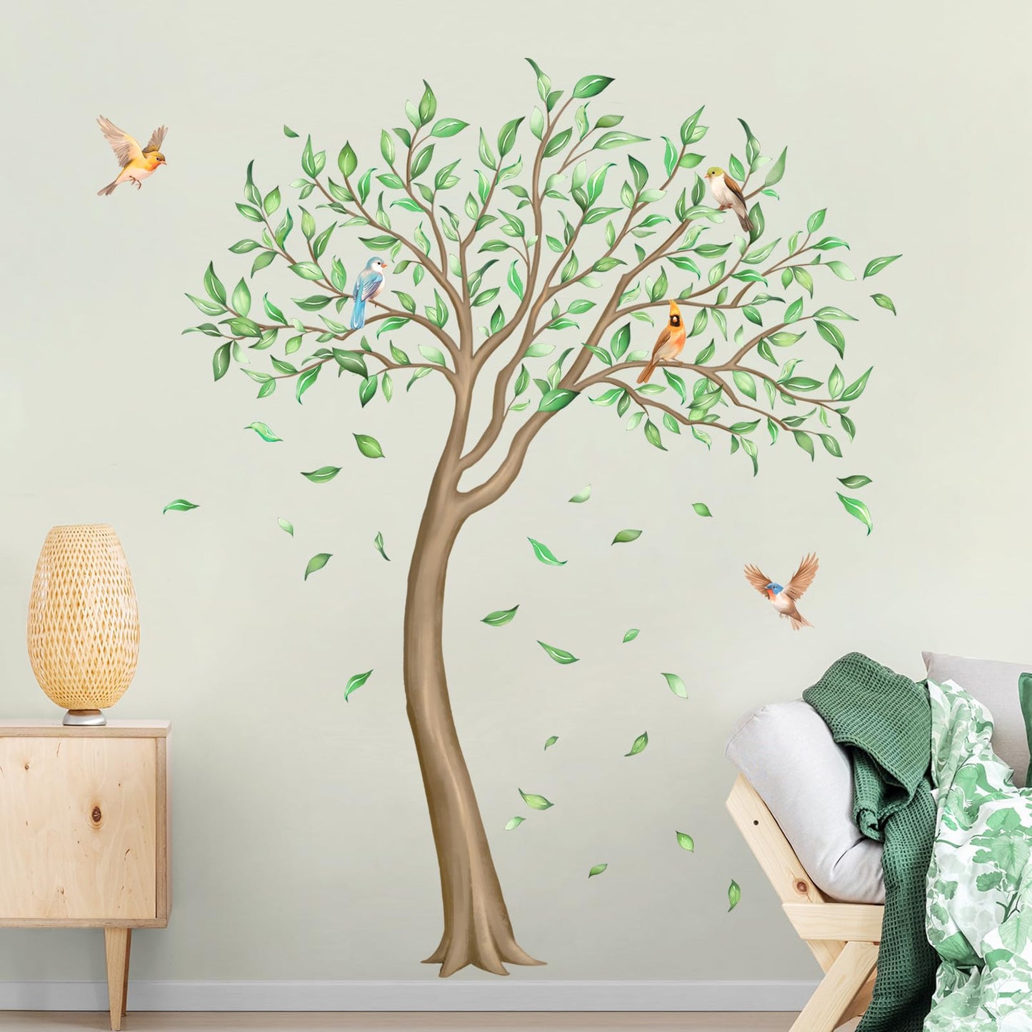 Large Green Tree Wall Decals, Falling Leaves Birds Wall Stickers Vinyl Peel and Stick Wall Decal Self Adhesive Wall Art Sticker for Aisle Bedroom Office Sofa Backdrop Wall Home Decor (W56.7 * H65.4in)