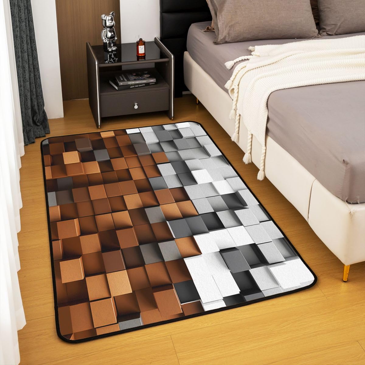 Pixelated Brown Gray Area Rug 3x5 Kids,Geometric Check Video Games Indoor Floor Mat for Boys Girls Teens,Gamepad Grid Decor Carpet Breathable Soft Microfiber Living Room Rugs for Bedroom Room Decor