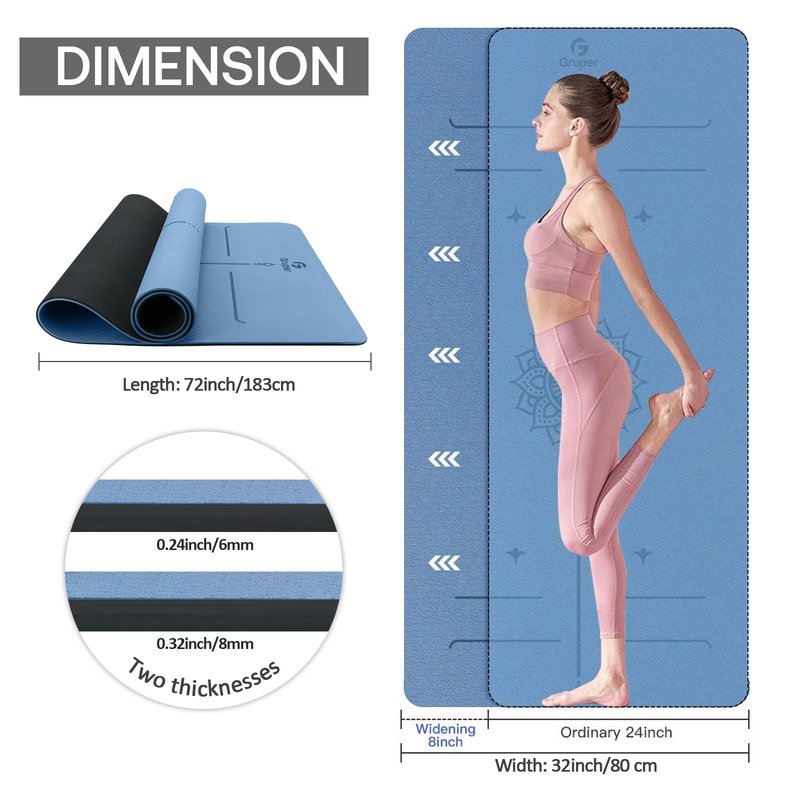 Yoga Mat Non Slip TPE Thick Yoga Mat with Alignment Mark, Large Size 72"L x 32"W x 0.32"Th or 0.24"Th, Anti-Tear Exercise & Fitness Mat for Yoga, Pilates & Floor Workouts (Blue Black, Thickness-6mm)