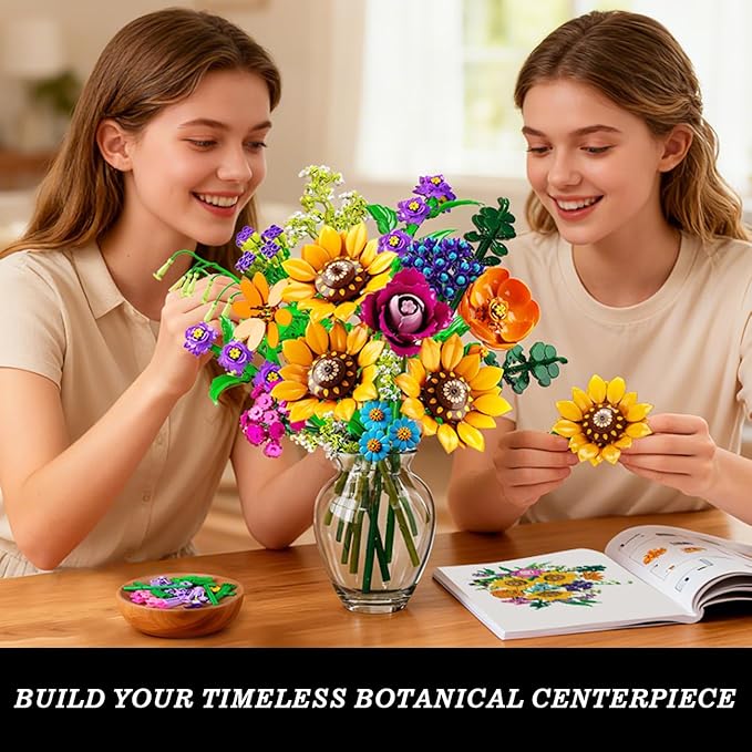 Wild Flowers Bouquet Building Set with Lights - 912PCS Wildflower 18 Botanicals Collection Building Blocks Sunflower Rose Plants Home Decor Easter Gift for Her Mom Women Adults Girls 12+