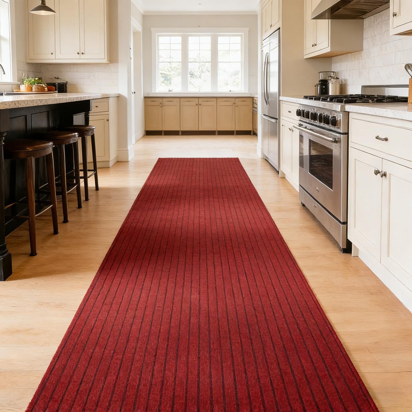 Stripe Runner Rug 2 x 6 ft Indoor Outdoor, Burgundy Non Slip Rubber Backing, Waterproof Low Profile Area Runner for Hallway, Entryway, Kitchen, Patio, Garage, Stairs & Laundry