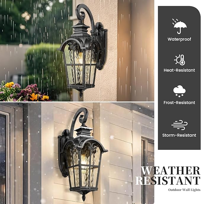 Outdoor Wall Lamps Aluminum Outside Light Fixtures for House 24 Inch Height Large Size Exterior Porch Lights Wall Mount with Water Ripple Glass Black Finish