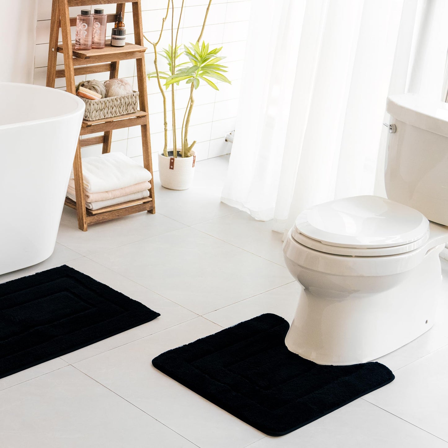 GRANNY SAYS Bathroom Toilet Rugs U Shaped, Bath Mats for Bath, Bathroom Rugs Non Slip Washable, Absorbent Microfiber Toilet Mat, Soft Plush Shaggy Bath Carpet, 20" x 24", Black