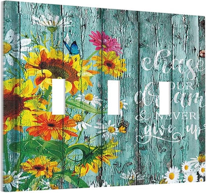 Turquoise Rustic Vintage Wood Planks Sunflower Butterfly 3 Gang Wall Plates Decorative Triple Toggle Light Switch Cover Electrical Switchplate Unused Decorate Faceplate for Bathroom Home