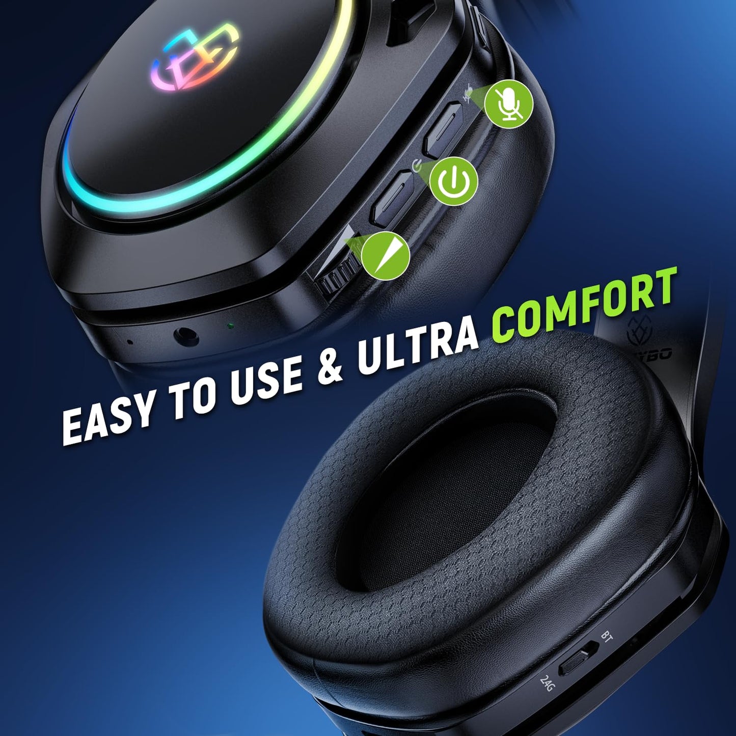 Tatybo Wireless Gaming Headsets for Ps5 Ps4 PC, 2.4GHz USB & Type-C Gaming Headphones, 40H+ Hrs & 7.1 Surround Sound with Noise Canceling Microphone for Switch Phone