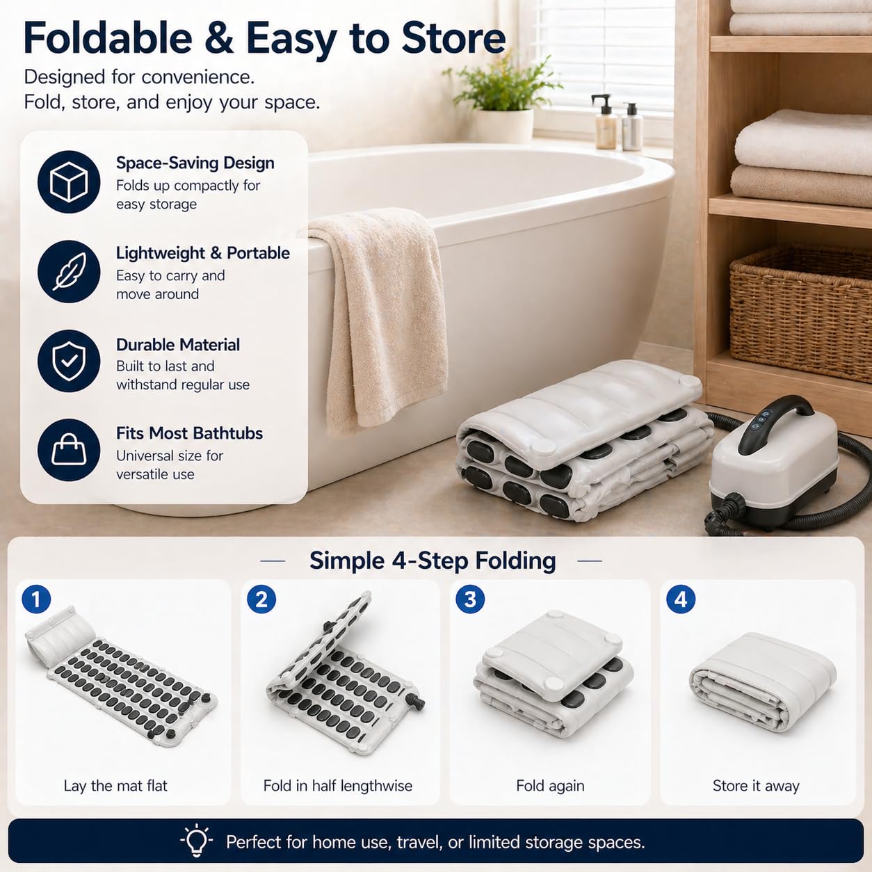 Spa Bubble Bath Mat with Remote,6-Speed Adjustable Bubbles & Non-Slip Suction Cups,Full Body Waterproof Bubble Mat for Bathtub to Relieve Muscle Fatigue, Stress & Improve Circulation