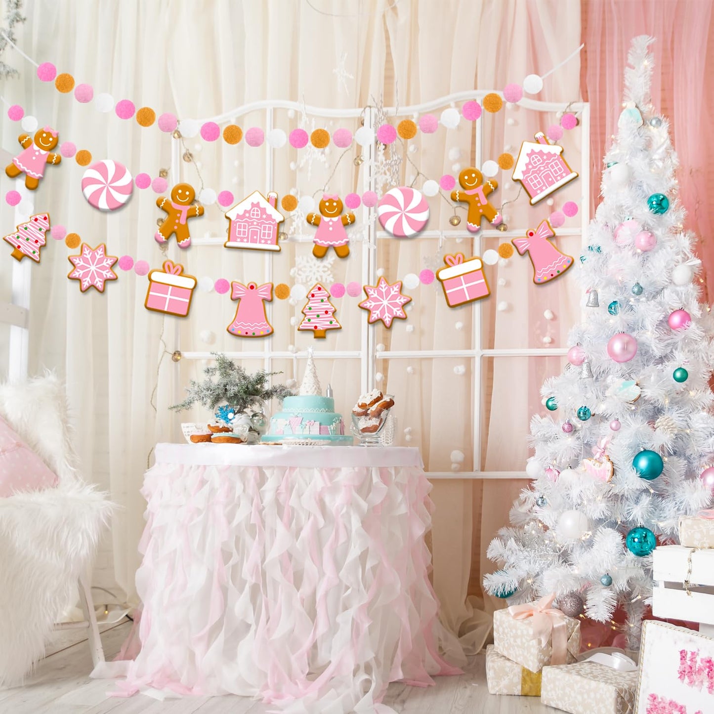 Doumeny 3Pcs Pink Christmas Felt Ball Banner Xmas Gingerbread Man Candy House Garland Bunting Xmas Tree Snowflake Bunting Garland Christmas Pom Pom Banner for Winter Party Holiday Mantel Home Decor