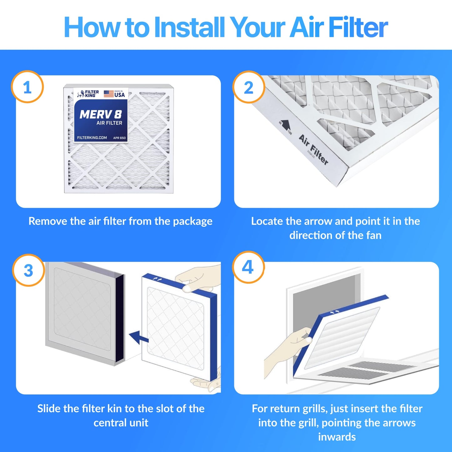 Filter King 8x30x1 Air Filter (MERV 8) (6-Pack) Dust & Allergy Control AC Furnace Filters, MADE IN USA, HVAC, Pleated, Electrostatic (Actual Size: 7.5 x 29.5 x .75)